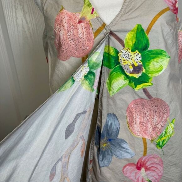 TIBI Floral Cotton Poplin Top Taupe Tropical Grasshoppers Women's Size 0 - Picture 5 of 14